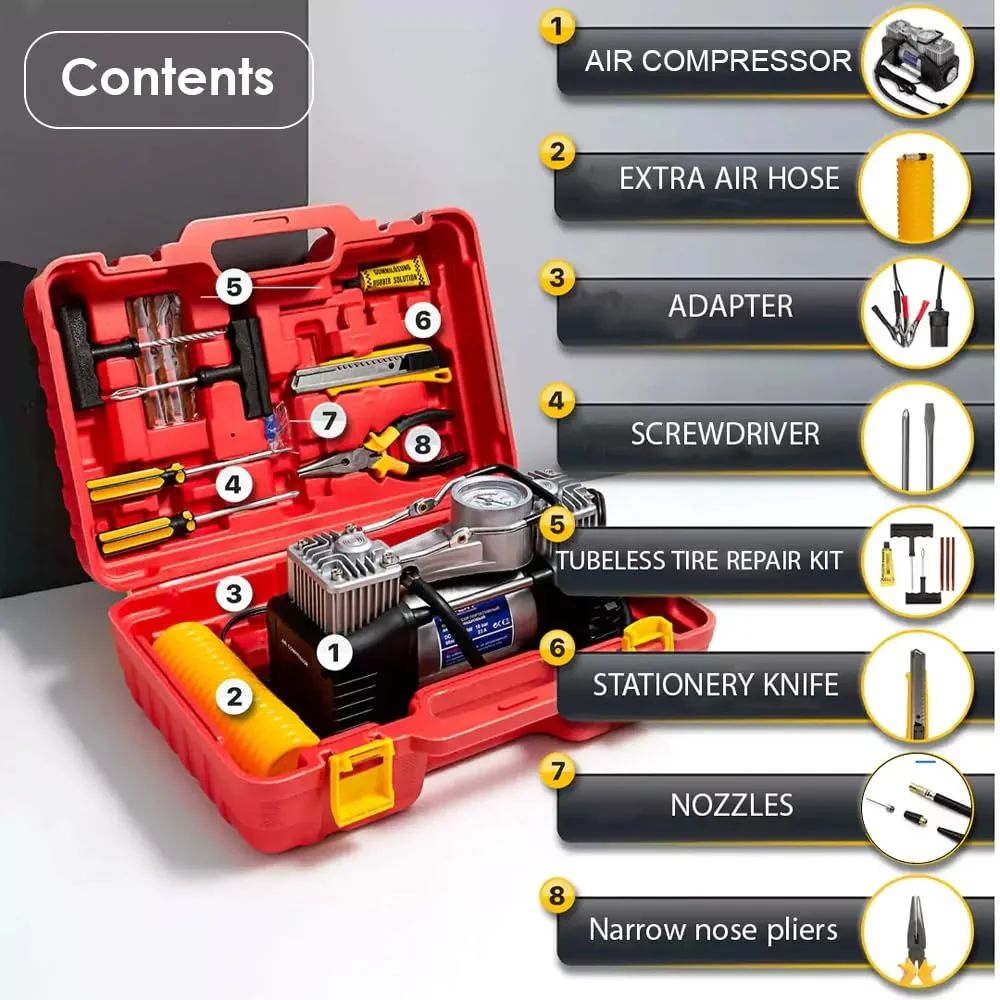 Imported Double Cylinder 12 Volt Portable Electric Car Air Pump & Repair Kit