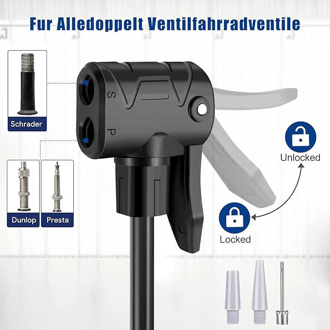 MFP-100 PRO Compact Foot Inflator Pump With Pressure Gauge And Multi-Valve Adapters For Cars, Bikes, Balls And Inflatables