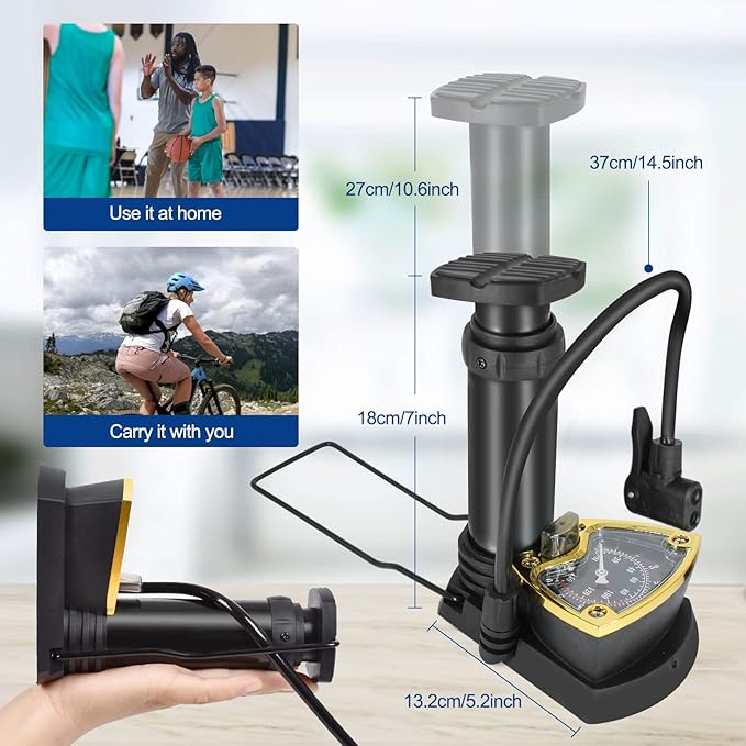 MFP-100 PRO Compact Foot Inflator Pump With Pressure Gauge And Multi-Valve Adapters For Cars, Bikes, Balls And Inflatables