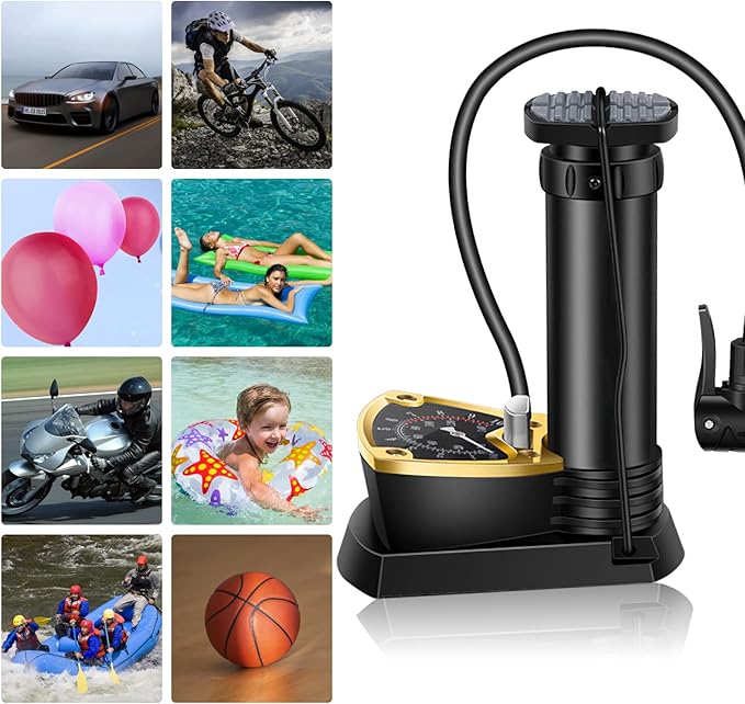 MFP-100 PRO Compact Foot Inflator Pump With Pressure Gauge And Multi-Valve Adapters For Cars, Bikes, Balls And Inflatables