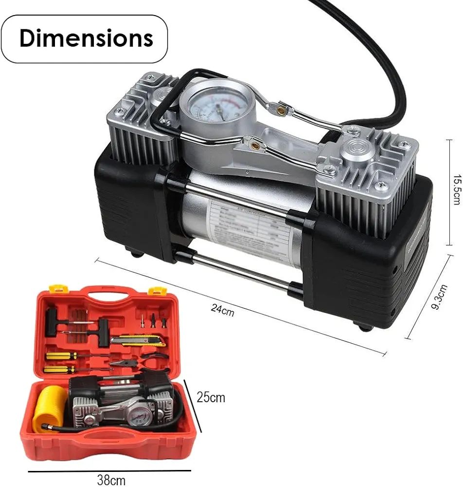 Imported Double Cylinder 12 Volt Portable Electric Car Air Pump & Repair Kit