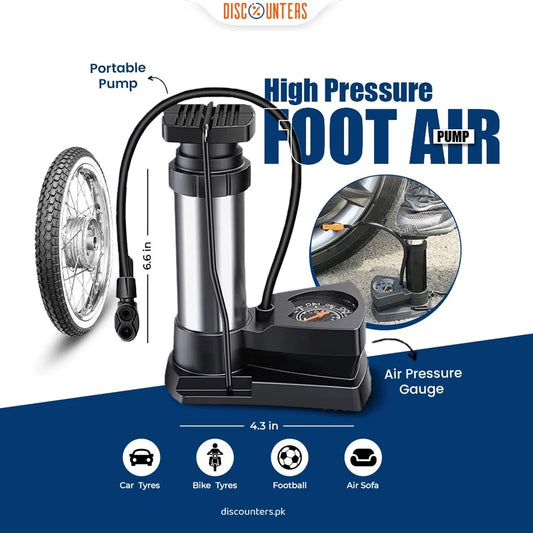 MFP-100 PRO Compact Foot Inflator Pump With Pressure Gauge And Multi-Valve Adapters For Cars, Bikes, Balls And Inflatables
