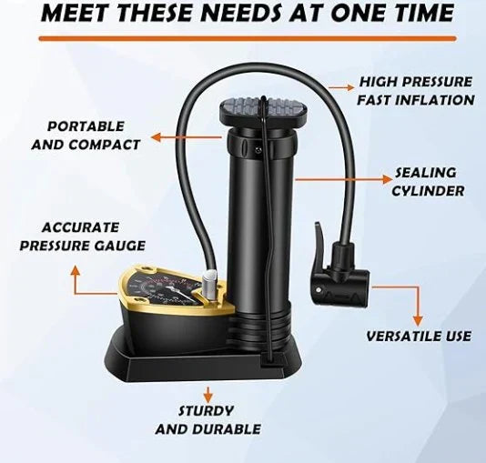 MFP-100 PRO Compact Foot Inflator Pump With Pressure Gauge And Multi-Valve Adapters For Cars, Bikes, Balls And Inflatables