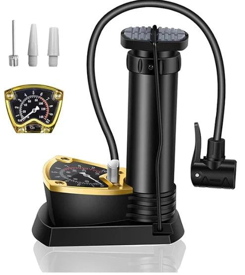 MFP-100 PRO Compact Foot Inflator Pump With Pressure Gauge And Multi-Valve Adapters For Cars, Bikes, Balls And Inflatables